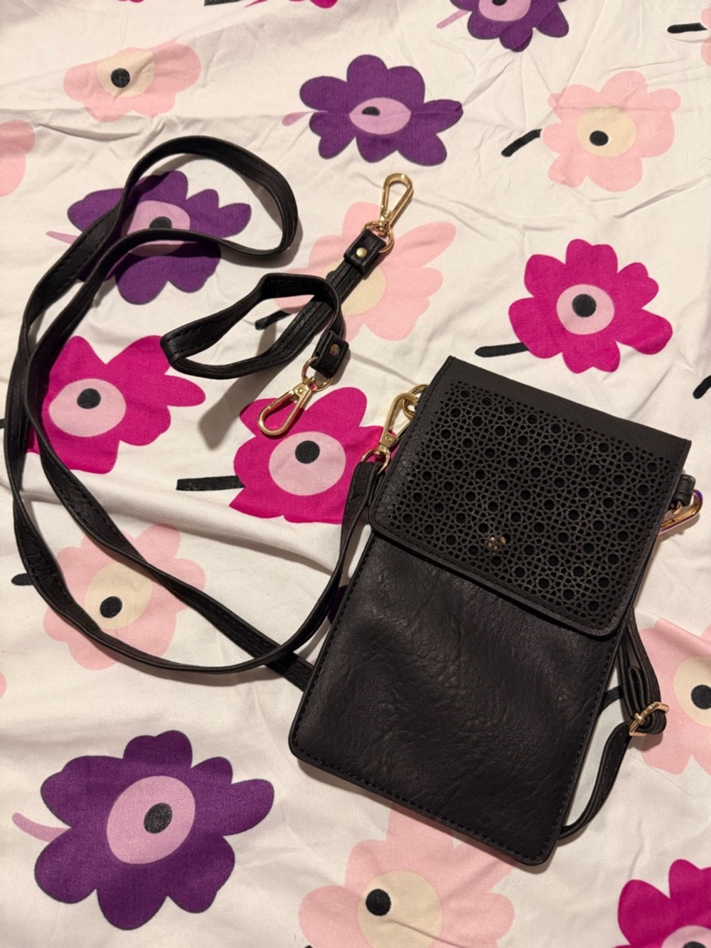 Black Women's Crossbody Phone Bag - Laser-Cut Flap
